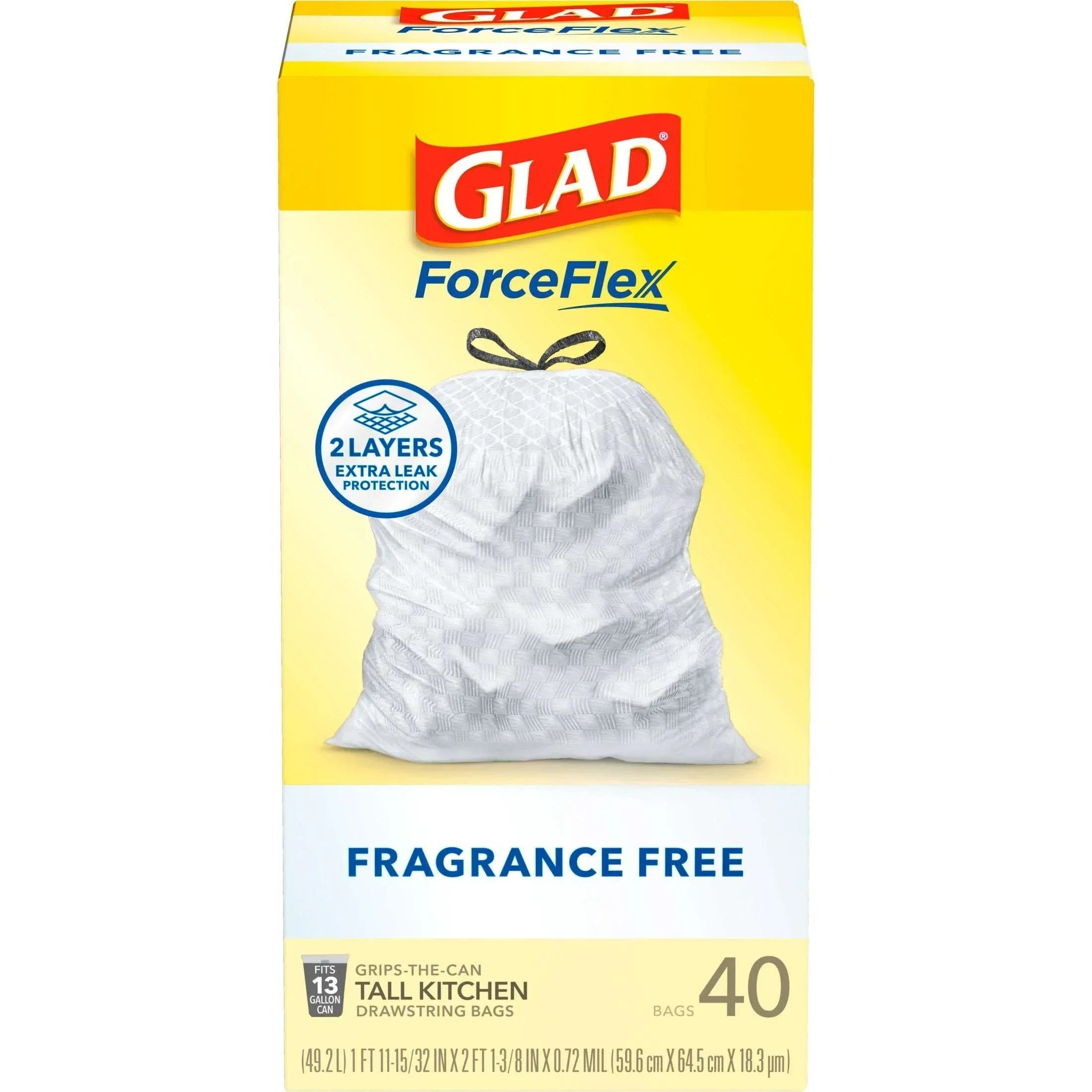 Glad ForceFlex Tall Kitchen Drawstring Trash Bags, 13 Gallon, Fragrance Free, 40 Count