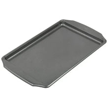 Rectangular dark gray baking tray with flanged edges