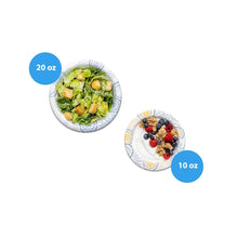 Disposable paper bowls set, 20 oz and 10 oz bowls filled with food