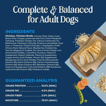 Nutrition and ingredient panel on dog food tub with chicken recipe graphics