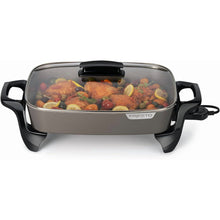 Grey ceramic electric skillet with clear lid and black handles, mixed vegetables inside
