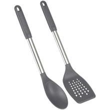 Stainless steel turner and spoon with dark gray nylon heads, upright view