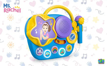 Blue and yellow karaoke boombox with star-shaped music panel, purple speaker, mic.