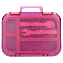 Pink glitter bento box with lid open, showing 4 inner compartments and utensil slots