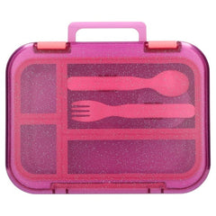 Mainstays Kids 4-Compartment Plastic Bento Box with Removable Tray, Fork, Spoon, and Dressing Container, Pink Glitter