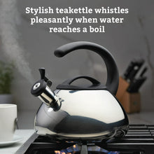 Silver stainless steel whistling tea kettle with black handle and spout on stovetop