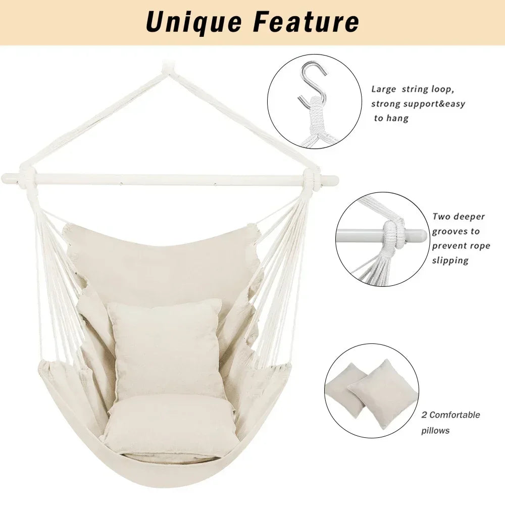 Large Hammock Chair Swing, Relax Hanging Rope Swing Chair with Detachable Metal Support Bar & Two Seat Cushions, Cotton Hammock Chair Swing Seat for Yard Bedroom Patio Porch Indoor Outdoor - USA MEGA SHOP