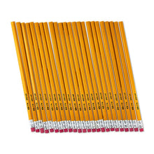 Pack of yellow unsharpened wood pencils with pink ferrules, tips up