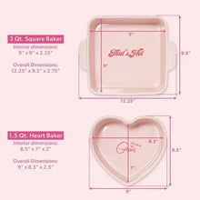 Pink square and heart baker dishes with size markings and interior view