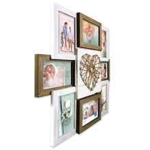 Multi-photo heart collage frame in white with mixed wood-toned picture openings