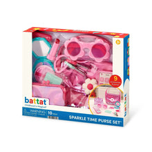 Boxed pink sparkly toy purse set with phone, keys, and makeup accessories