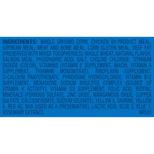 Dry cat food bag side panel with ingredients list on blue background