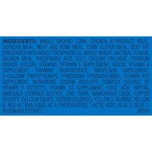 Dry cat food ingredients list panel with long ingredient names