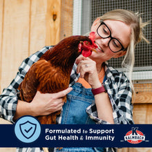 Person holding a brown chicken near a coop, with gut-health label overlay