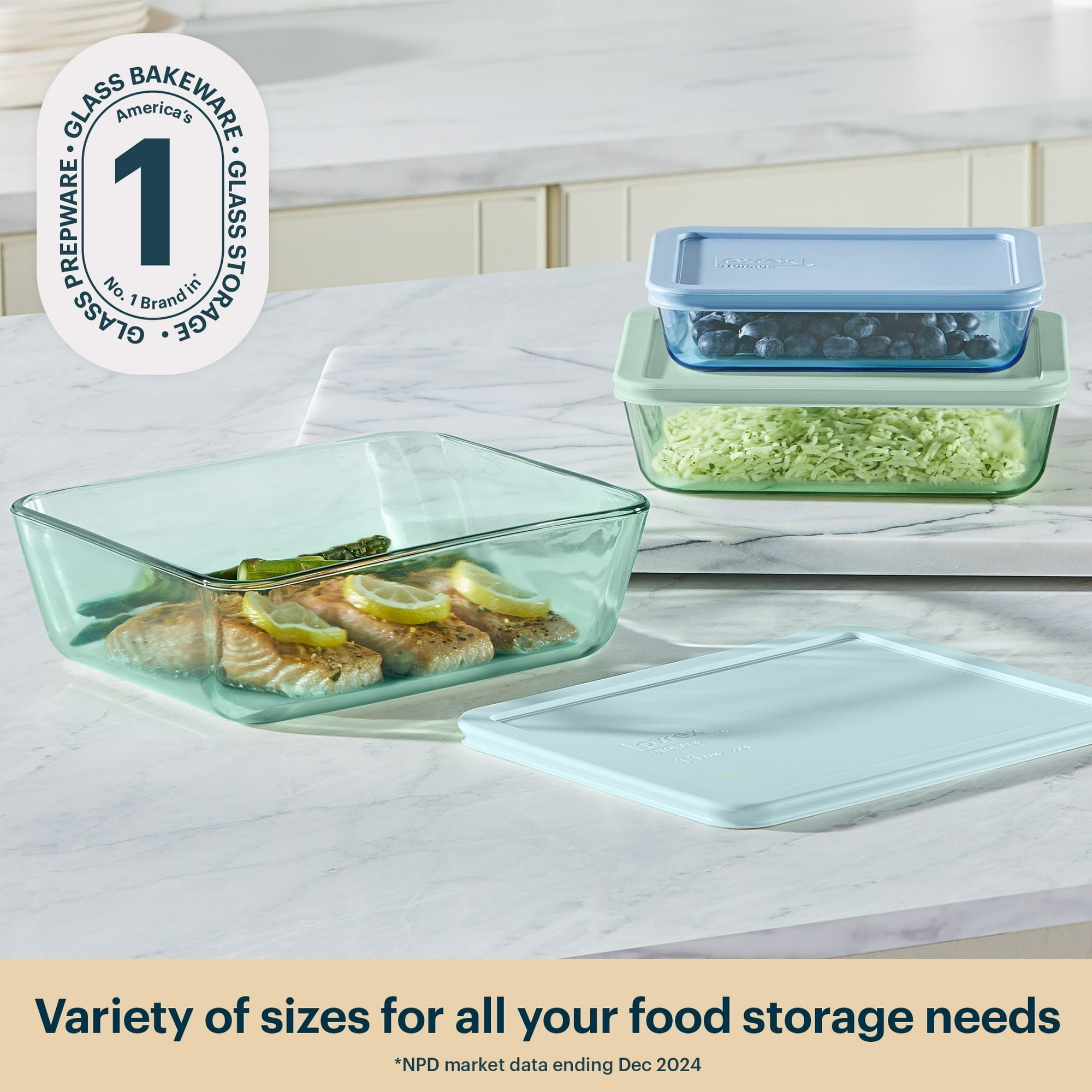 Pyrex Simply Store Tinted 6-piece Rectangle Storage Set with Plastic Lids, Green/Blue/Aqua