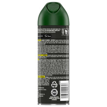 Back of green insect repellent aerosol can with barcode and ingredient text