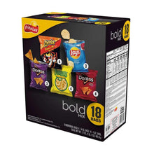 Snack chip variety multipack box with side barcode panel and 18 bags front