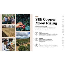 Coffee brand information card with "SEE Copper Moon Rising" text