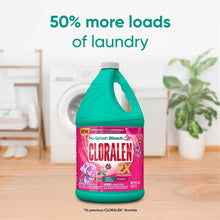 No-Splash liquid bleach bottle with floral pink label; teal bottle and cap, 50% more loads