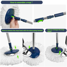 Spin mop and bucket set showing assembly: attach telescoping handle and mop head