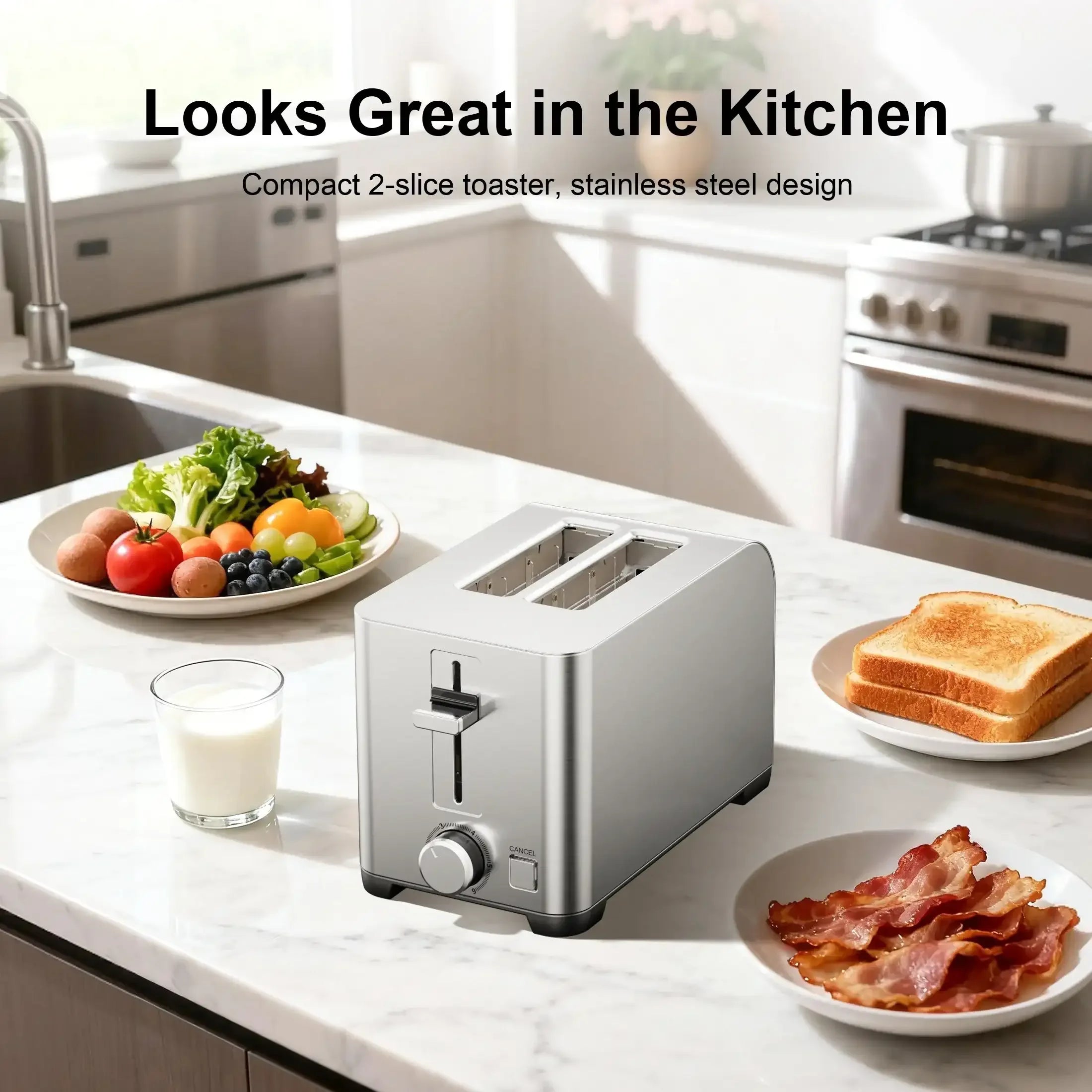 Tomeem 2-Slice Toaster with 6 Shade Settings, Removable Crumb Tray and Self-centering Guide, Stainless Steel - USA MEGA SHOP