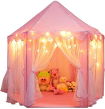 Pink princess castle play tent with sheer curtains and warm LED star lights; toys inside the doorway.