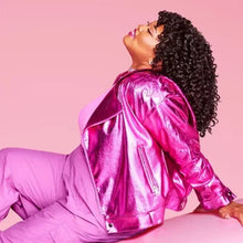 Magenta satin robe jacket and pants, shown worn by a person from behind