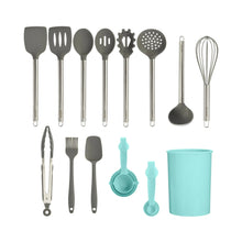 20-piece kitchen tool set with mint crock and gray silicone heads