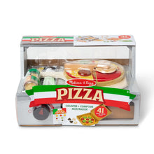 Pizza counter play set box with wooden pizza, toppings, and accessories inside