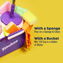 Peach-scented cleaner jug with purple bucket and colorful sponge cleaning accessories