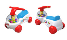 Side views of ride-on popper with blue body, red handles, and clear ball dome