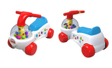 Two views of a white and red ride-on corn popper toy with blue seat and ball dome