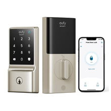 Smart door lock in brushed metal with keypad, door panel, and phone app screen