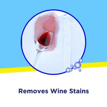 Stain remover ad card showing red wine spill on white fabric and text about wine stains