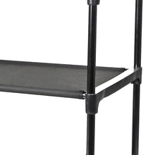 Metal side frame and edge of black fabric shelf on 4-shelf organizer