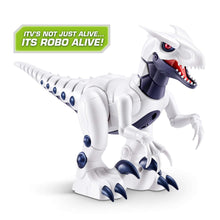 White robotic raptor dinosaur toy with blue spots and red mouth, open-mouthed side view