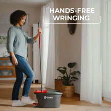 Mop bucket with red wringer and mop handle, ready for hands-free wringing