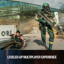 Sci-fi shooter game scene with an armed character and a soldier kneeling in combat