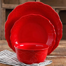 Red lace-pattern dinner plate and bowl with scalloped edge, glossy ceramic