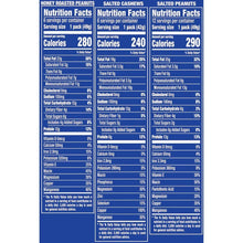 Nutrition facts panel for nut varieties on blue packaging