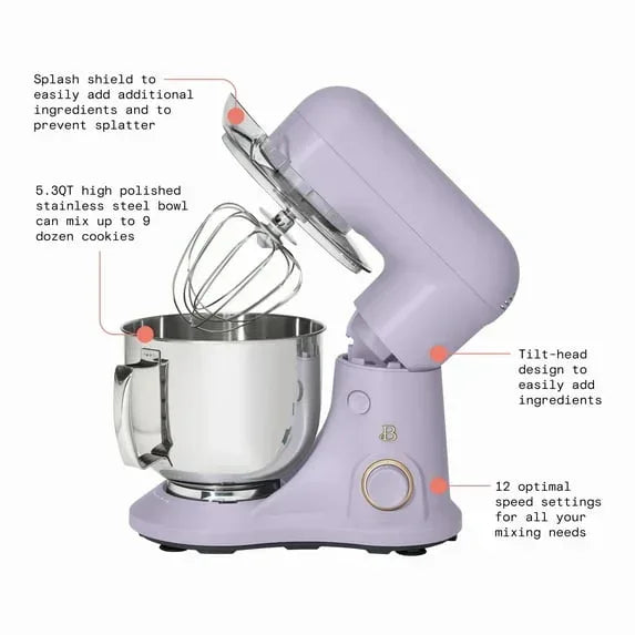 Beautiful 5.3 Qt Stand Mixer, Black Sesame with Flat Beater, Dough Hook, Balloon Whisk