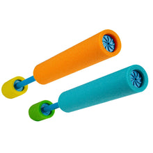 Neon foam water blaster pair with orange and blue barrels, green and yellow handle ends