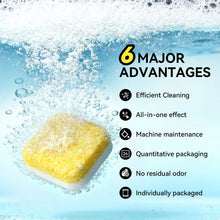 Dishwasher cleaner tablet pod, yellow sponge-style cleaning block with bubbles