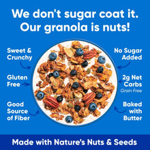 NuTrail nut granola bowl image on bag, blueberry cinnamon, gluten free, no sugar added