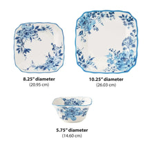 Stoneware size guide: 8.25, 10.25, and 5.75 diameter blue floral pieces