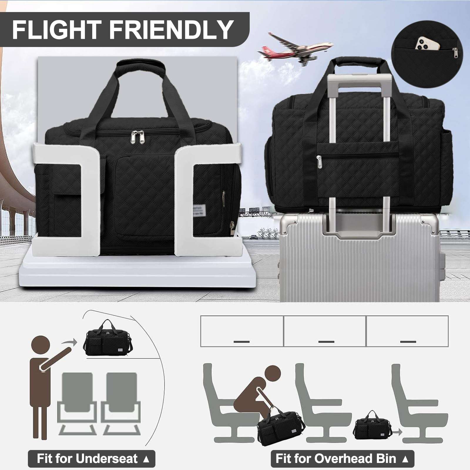 DAKIMOE Travel Duffle Bag for Women Men, Weekender Bags Carry on Gym Bag with Wet Pocket/Adjustable Strap/Shoe Compartment, Foldable Waterproof Overnight Tote Bag for Plane Sports Dance, Black