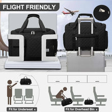 Black quilted duffel bag with luggage sleeve, top handle, and shoulder carry straps