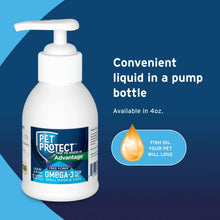 Omega-3 liquid pump bottle for pets, shown with droplet graphic and convenience callout.