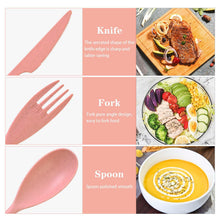 Reusable travel utensils set showing knife, fork, and spoon with serving food scenes