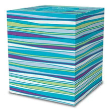Facial tissue box with stacked horizontal stripe design in blue and purple tones